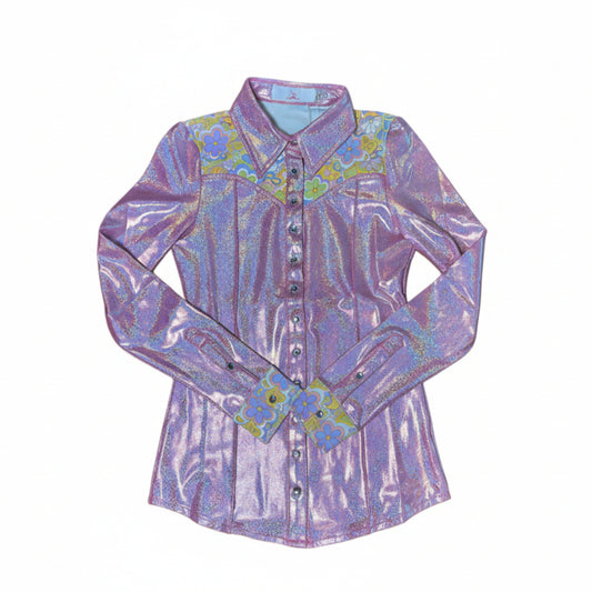 Pink iridescent rodeo shirt with floral patterns on a white background