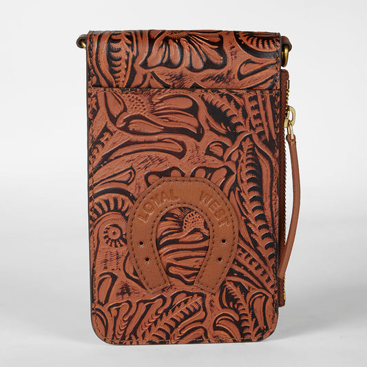 Loyal West SHELL PHONE BAG IN HAND FINISHED EMBOSSED LEATHER - BROWN