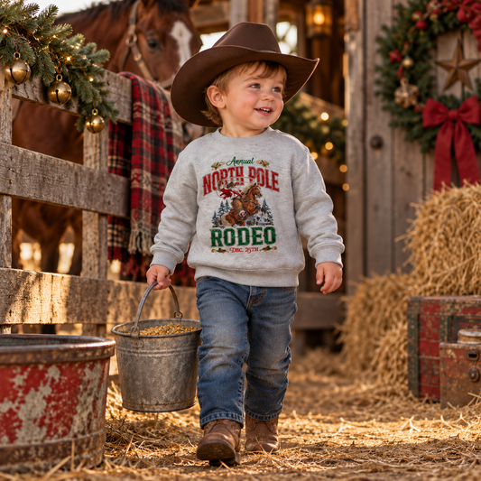 Toddler boy wearing a heather gray North Pole Rodeo Christmas fleece sweatshirt, blue jeans, boots, and a brown cowboy hat, walking through a rustic barn aisle while carrying a metal feed bucket. A horse stands behind a wooden fence in the background, with hay bales, vintage ranch decor, greenery, red bows, and warm Christmas accents creating a cozy holiday ranch scene.