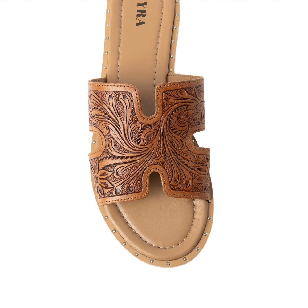 Myra Carmina Anne Tan Embossed Leather Slip-On Sandals for Women Western H-Cut Slides with Studded Trim