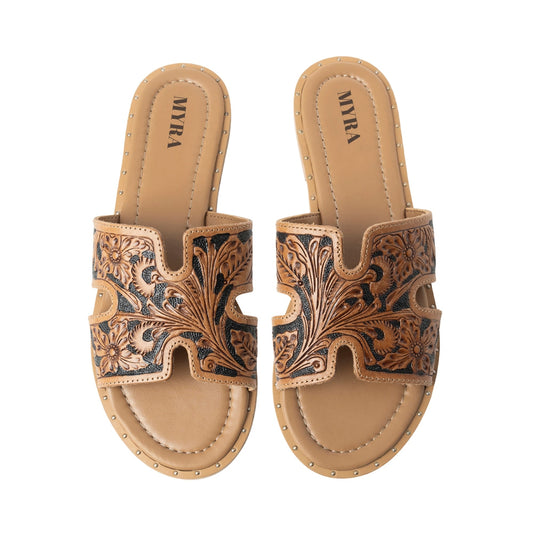 Myra Carmina Anne Dark Embossed Leather Slip-On Sandals for Women – Western H-Cut Slides with Studded Trim