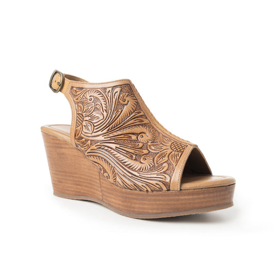 Myra Mila's Trail Embossed Leather Wedge Heels for Women Tan Floral