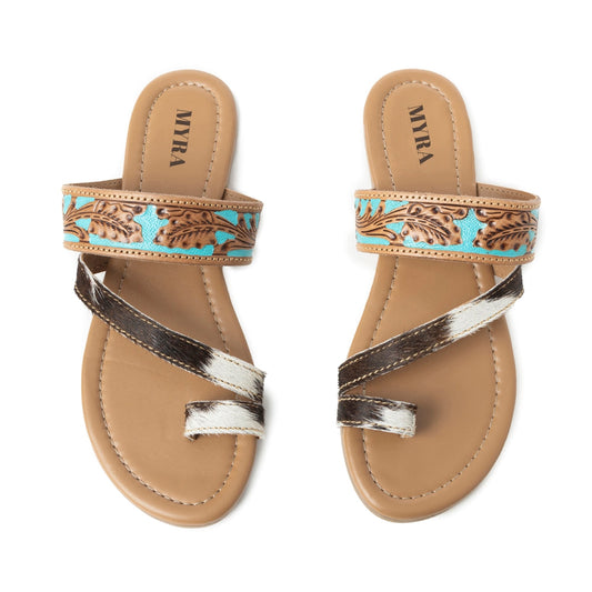 Myra LaDonna Trail Handtooled Sandals for Women – Azure Western Hairon Slip-Ons for Ranch Days & Rodeo Nights