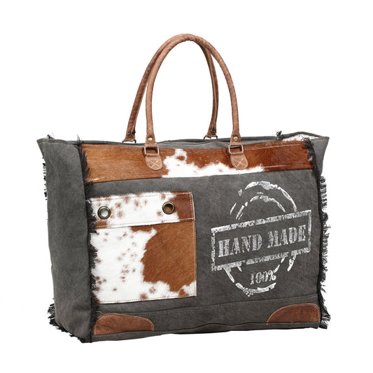Myra Dakota Trail Hairon Leather Weekender Bag – Handmade Canvas Print with Rustic Fringe Sides & Leather Handles