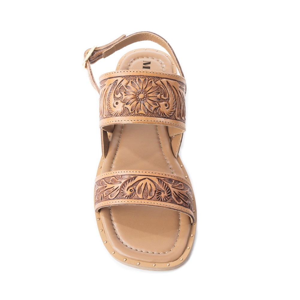 Myra Wildflower Wanderer Handtooled Leather Sandals for Women Ankle Buckle Strap, Western Floral Carving, Everyday Comfort