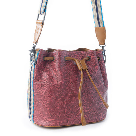 Myra Emberlace Embossed Leather Bucket Bag in Berry Rouge