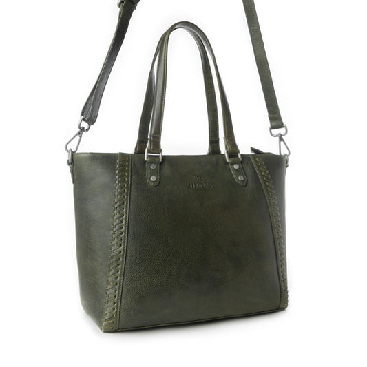 Myra Zidana Arista Bloom Veg Tanned Leather Handbag in Smoky Green