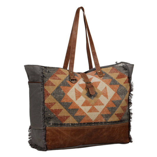 Myra Cosmopolitan Weekender Tote Bag – Fringed Edges, Aztec Print Design with Buckle Flap Closure for Travel
