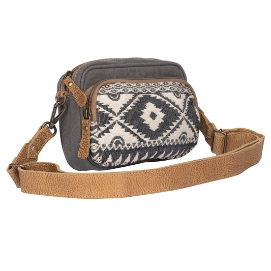 Myra Temptation Tribal Pattern Small Crossbody Bag for Women – Geometric Canvas Front, Adjustable Leather Strap for Everyday Western Style