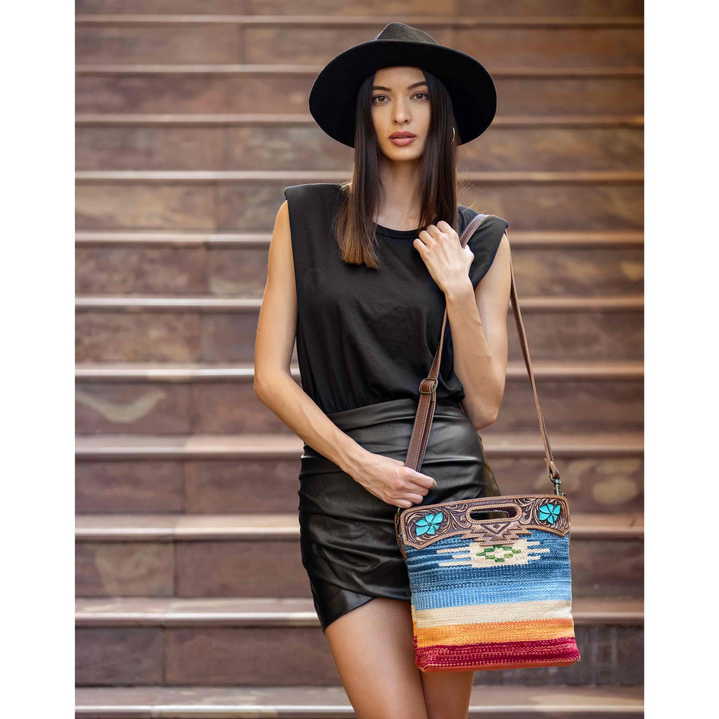 Myra Azure Petals Woven Crossbody Bag with Handtooled Leather Multicolor Embroidery, Adjustable Strap & Cutout Handle