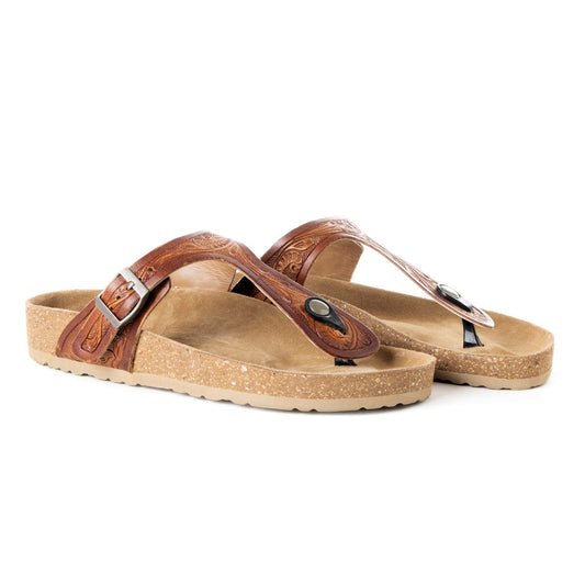 Myra Crockler Handtooled Leather Sandals for Women – Adjustable Western Straps with Comfortable Cork Sole and Engraved Floral Pattern