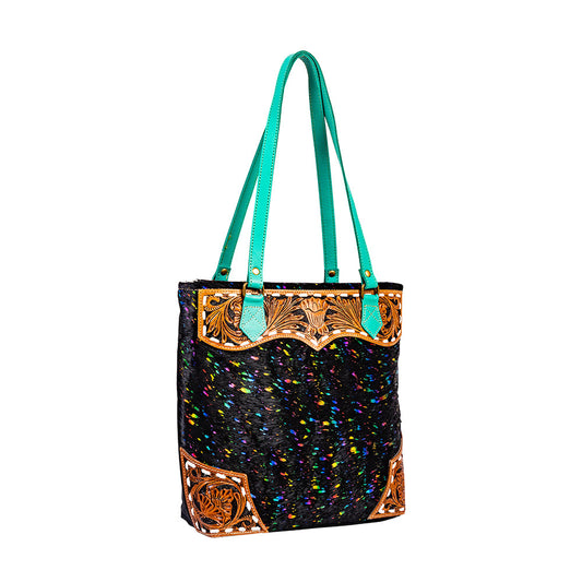 Myra Galaxy Fire Handtooled Shoulder Bag – Black Sparkle Body with Aqua Leather Straps
