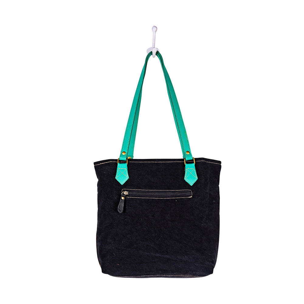 Myra Galaxy Fire Handtooled Shoulder Bag – Black Sparkle Body with Aqua Leather Straps