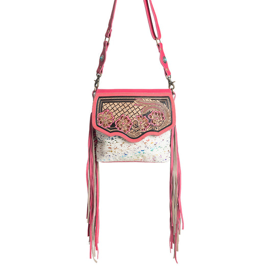 Myra Rosa Verde Hand Tooled Leather Sling Bag for Women – Pink Floral Western Flap, Fringe Sides, Speckled Print Body