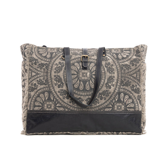 Myra Carmela Printed Canvas Weekender Bag – Leather Handles with Buckle Strap, Spacious Travel Tote for Western Getaways