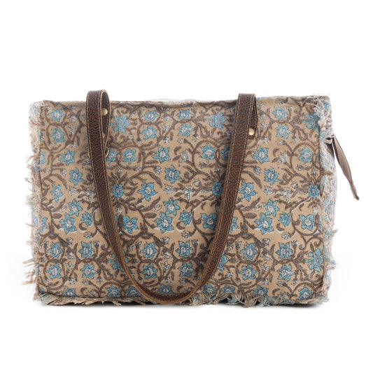 Myra San Ysidro Falls Floral Weekender Bag for Women – Distressed Fabric, Leather Handles & Rustic Fringe Details