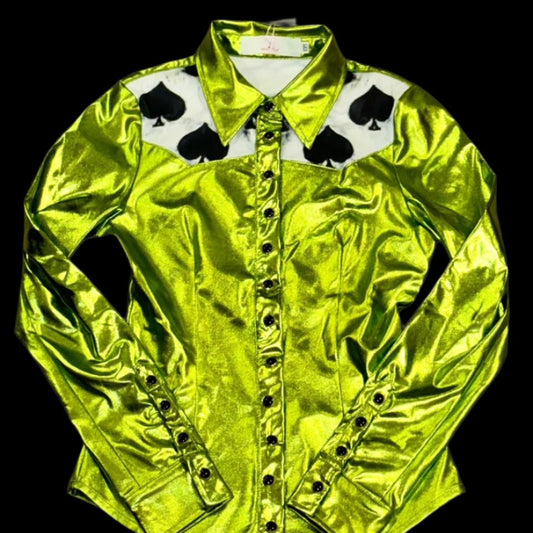 Person wearing a bright lime green rodeo shirt with spades print on a black background.