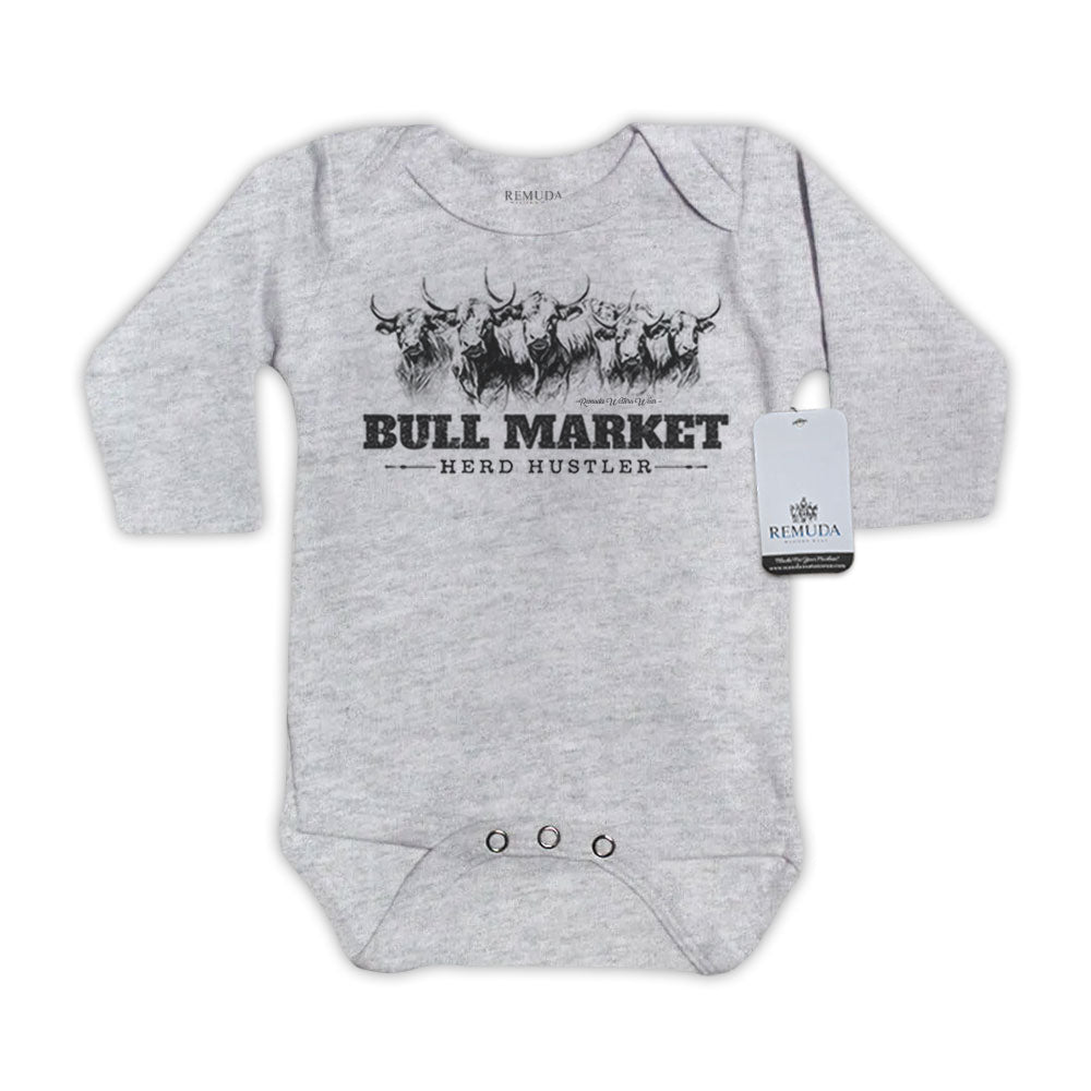 Bull Market Herd Hustler Infant One Piece Western Long Sleeve Romper Gray