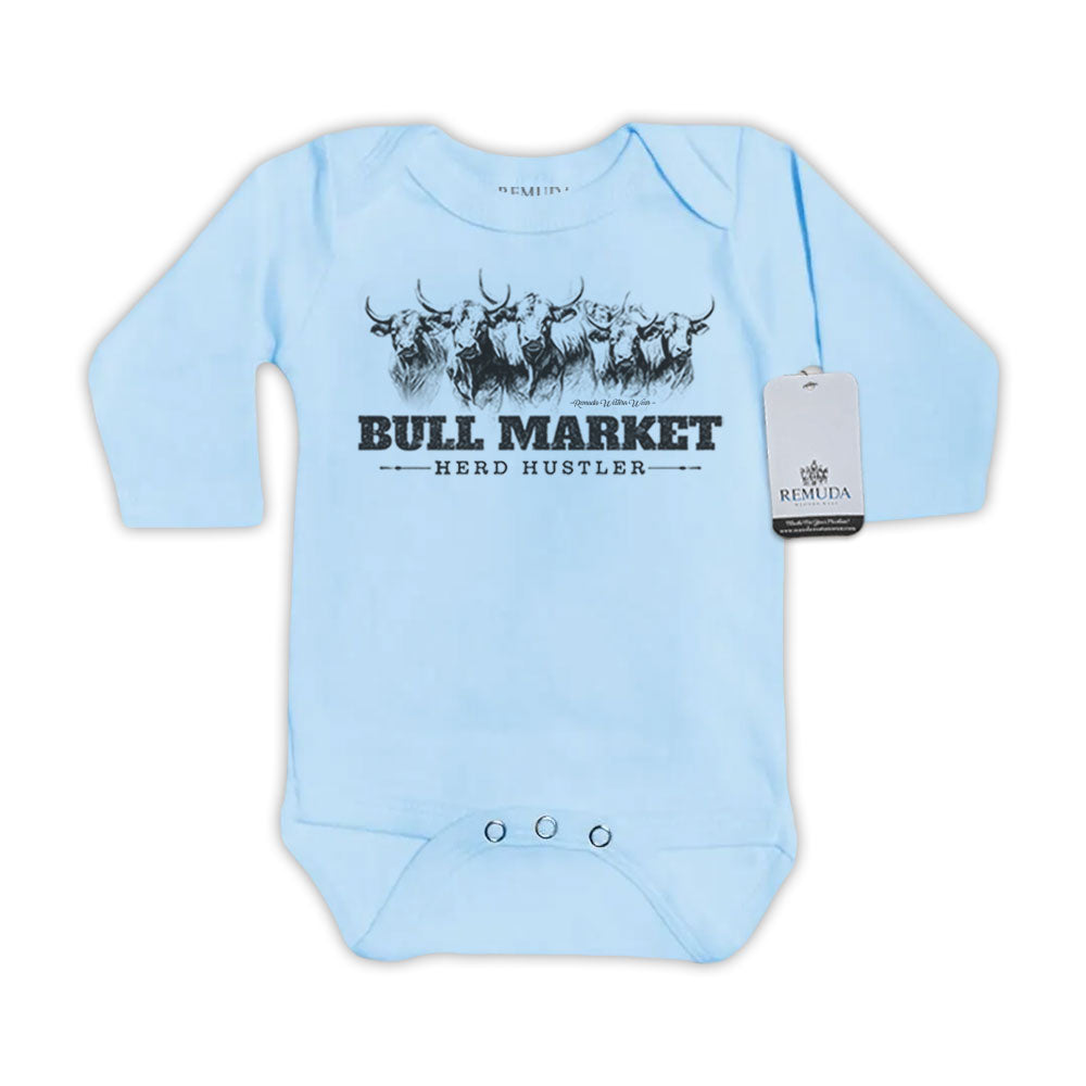 Bull Market Herd Hustler Infant One Piece Western Long Sleeve Romper Ice Blue