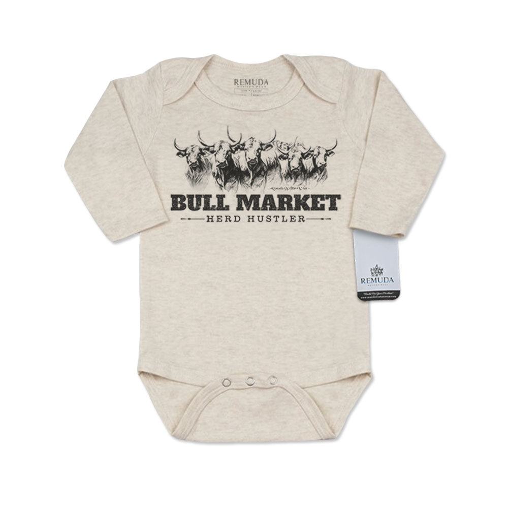 Bull Market Herd Hustler Infant One Piece Western Long Sleeve Romper Oatmeal