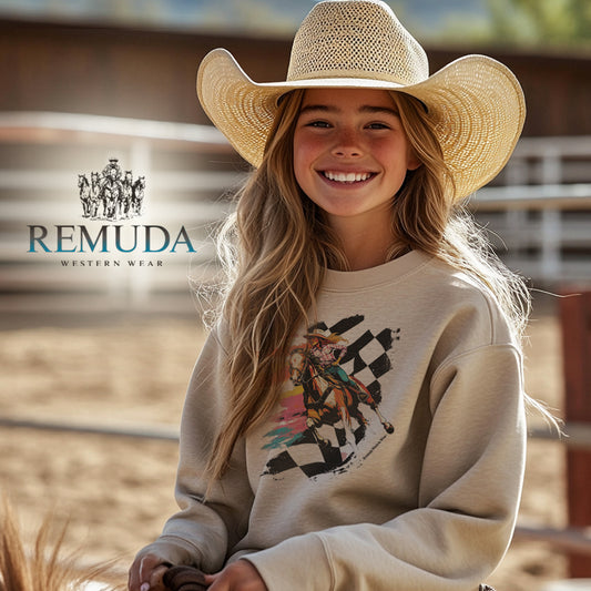 Checkered Flag Neon Cowgirl Youth Girls Western Sweatshirt Oatmeal