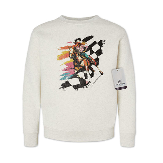 Checkered Flag Neon Cowgirl Youth Girls Western Sweatshirt Oatmeal