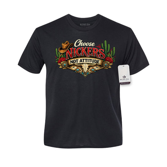 Choose Nickers Not Attitude Adult Unisex Western Watercolor Tee T-Shirt in heather black with a colorful DTF transfer