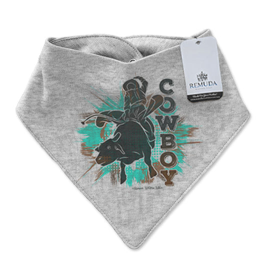 Cowboy Rodeo Bull Rider Infant / Toddler Western Bandana Bib Turquoise, Brown, Dark Brown Design on Gray