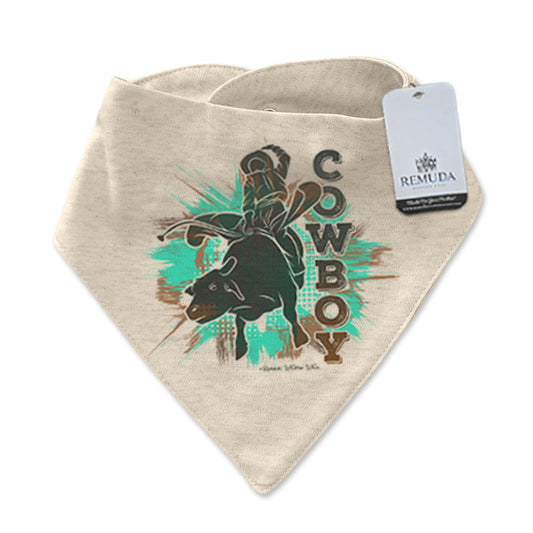 Cowboy Rodeo Bull Rider Infant / Toddler Western Bandana Bib Turquoise, Brown, Dark Brown Design on Oatmeal