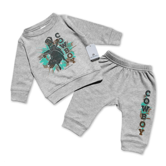 Cowboy Rodeo Bull Rider Infant 2 Piece Sweatsuit Gray Turquoise