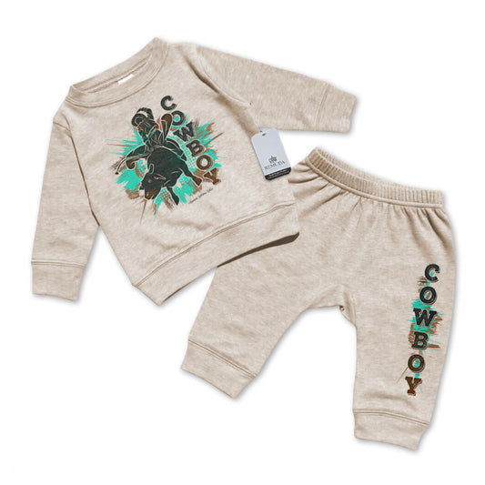 Cowboy Rodeo Bull Rider Infant 2 Piece Sweatsuit Oatmeal Turquoise