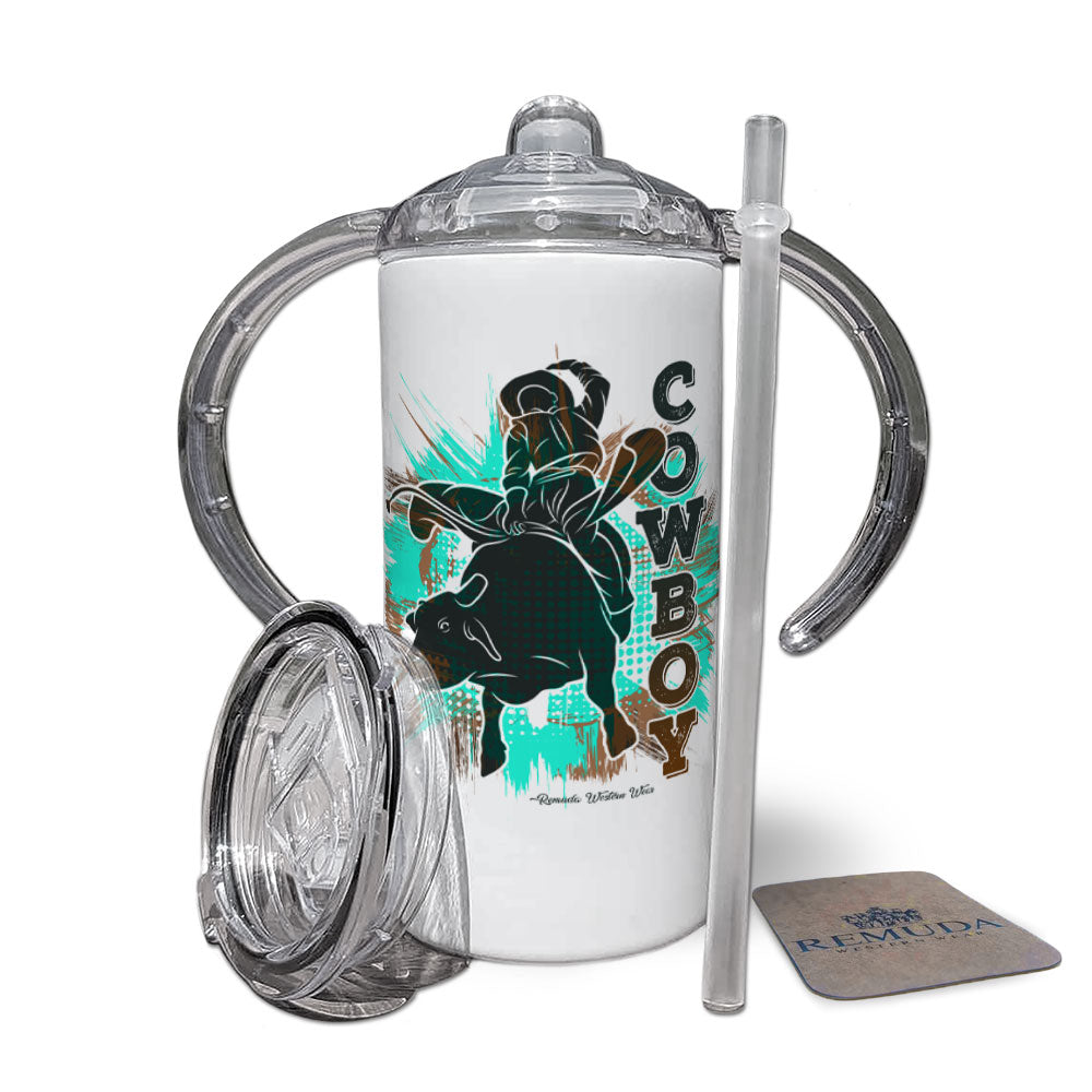 Cowboy Rodeo Bull Rider Infant & Toddler Western Sippy Cup Turquoise, Brown, Dark Gray, and White