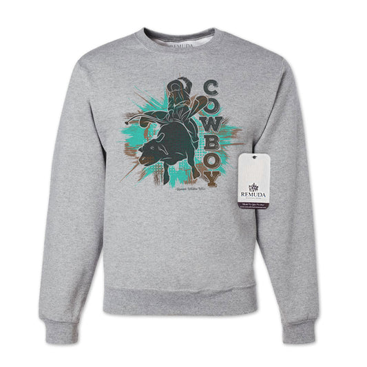 Cowboy Rodeo Bull Rider Adult Unisex Western Sweatshirt Gray and Turquoise