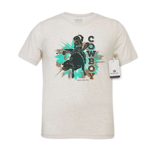 Cowboy Rodeo Bull Rider Adult Short Sleeve Unisex Western Tee T-Shirt Oatmeal