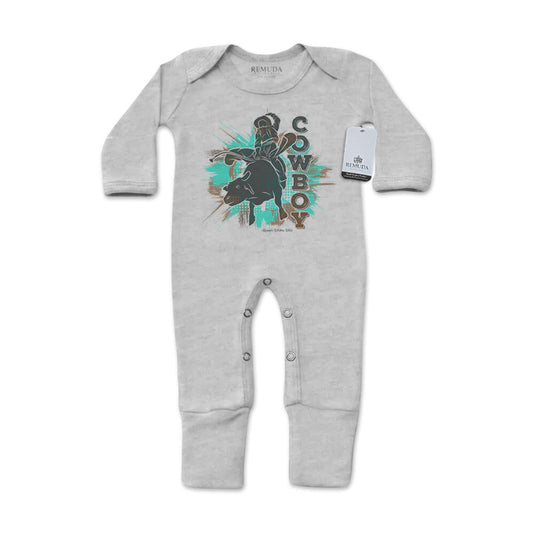 Cowboy Rodeo Bull Rider Infant One-Piece Footed Pajamas W/Mittens Gray and Turquoise
