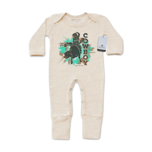Cowboy Rodeo Bull Rider Infant One-Piece Footed Pajamas W/Mittens Oatmeal and Turquoise