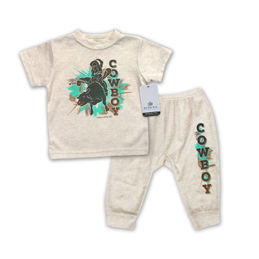 Cowboy Rodeo Bull Rider Infant 2- Piece Sleepwear Pajamas Oatmeal Turquoise