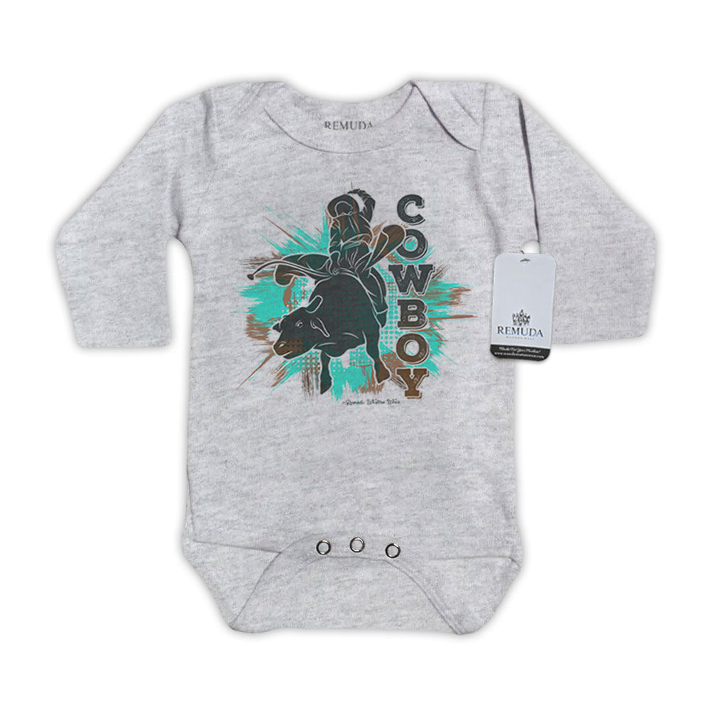 Cowboy Bull Rider Infant Long Sleeve One Piece Western Romper Gray