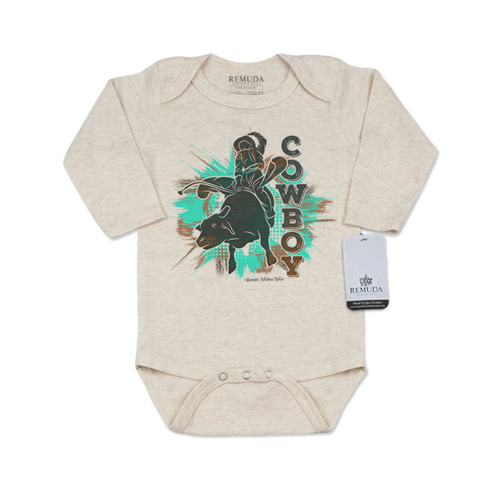 Cowboy Bull Rider Infant Long Sleeve One Piece Western Romper Oatmeal