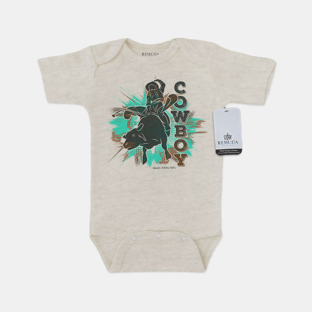 Cowboy Bull Rider Infant Short Sleeve One Piece Western Romper Oatmeal