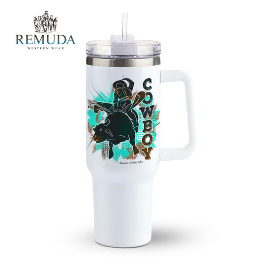 Cowboy Rodeo Bull Rider - Insulated Western Tumbler w/ Handle Turquoise, Dark Gray, and Brown Design on a white tumbler