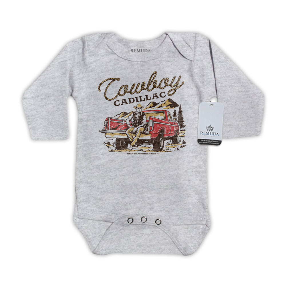 Cowboy Cadillac Long Sleeve Infant Kids One Piece Western Romper Gray