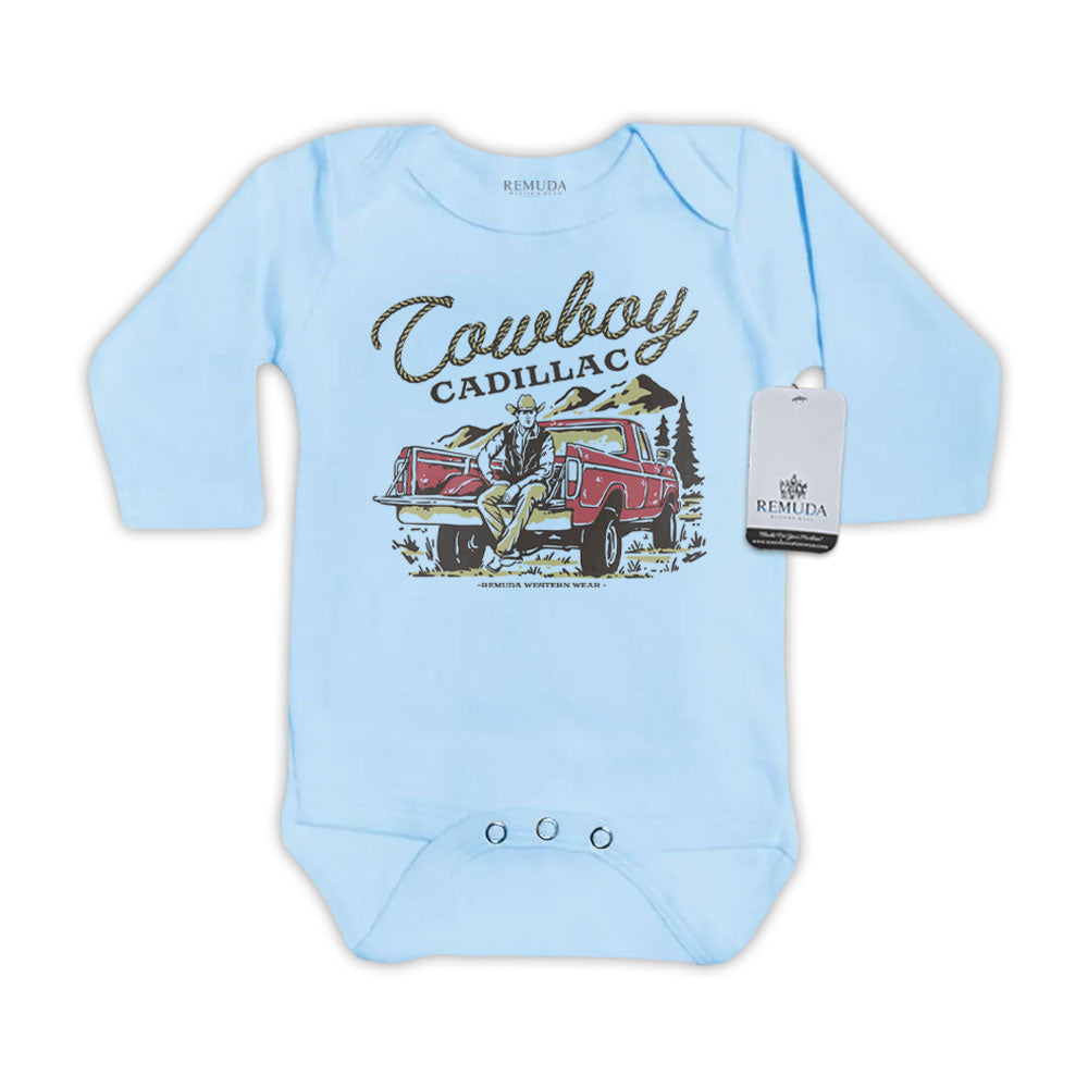 Cowboy Cadillac Long Sleeve Infant Kids One Piece Western Romper Light Blue