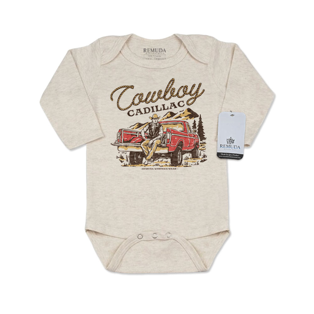 Cowboy Cadillac Long Sleeve Infant Kids One Piece Western Romper Oatmeal
