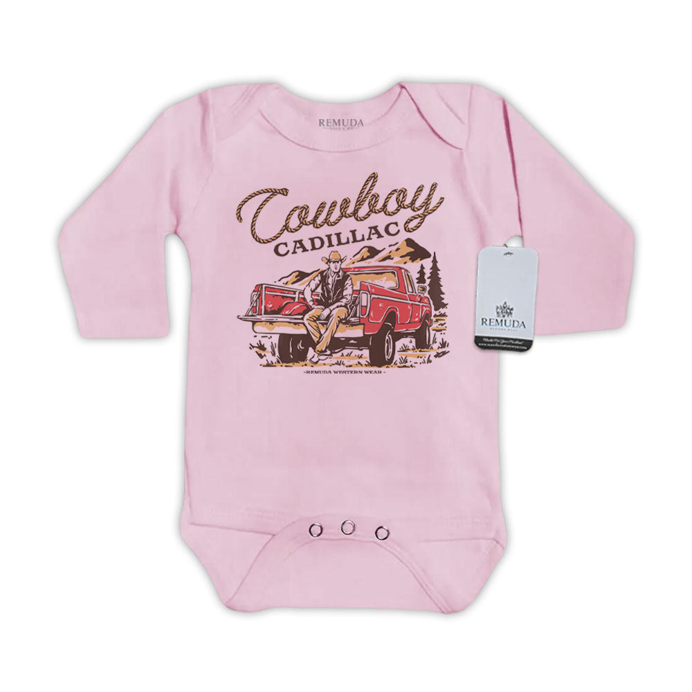 Cowboy Cadillac Long Sleeve Infant Kids One Piece Western Romper Pink