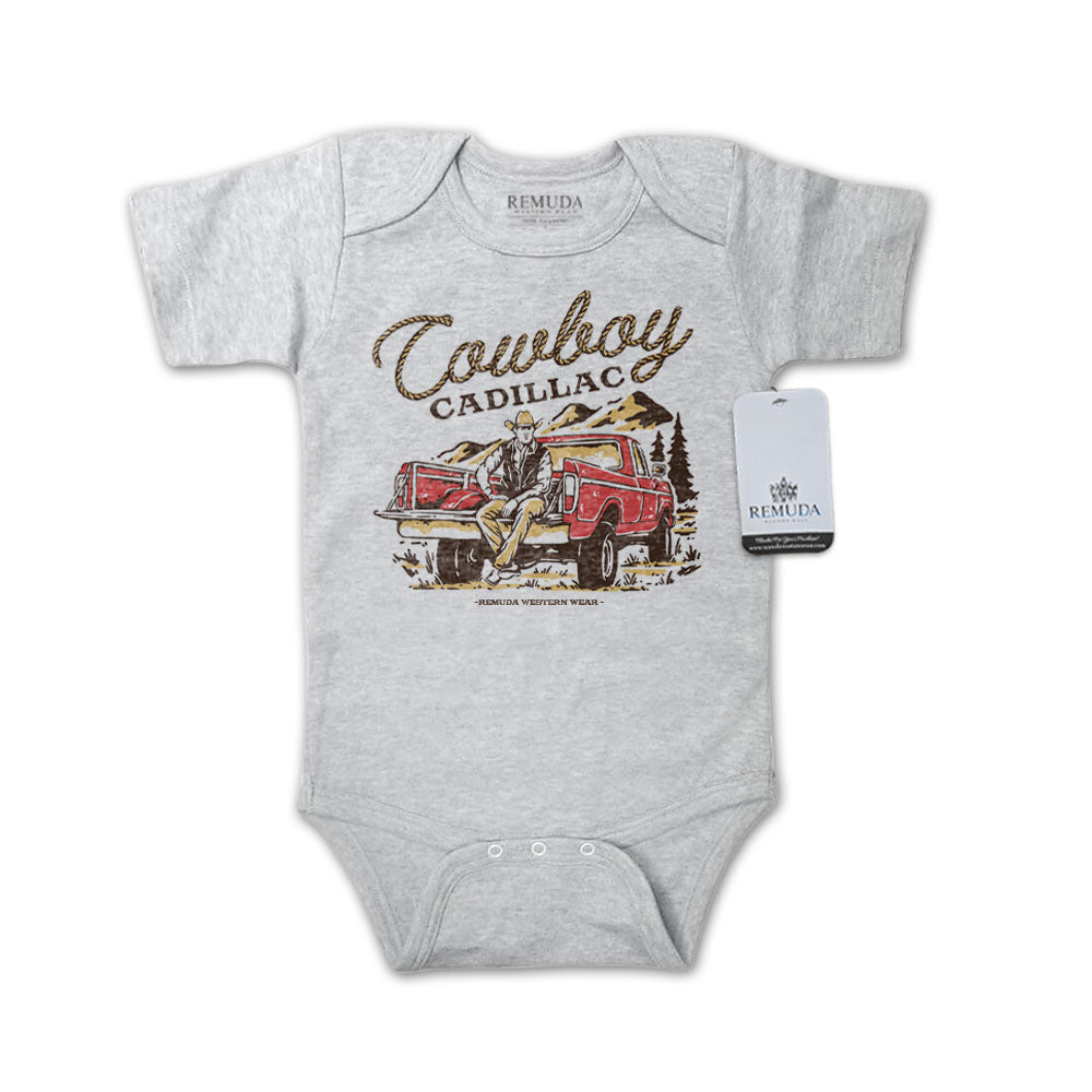 Cowboy Cadillac Short Sleeve Infant Kids One Piece Western Romper Gray