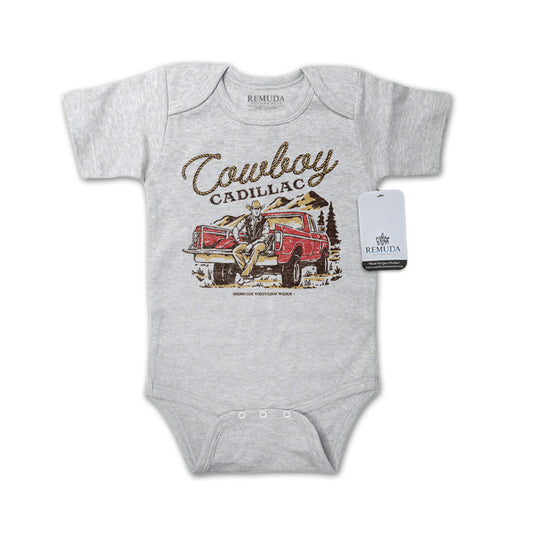 Cowboy Cadillac Short Sleeve Infant Kids One Piece Western Romper Gray