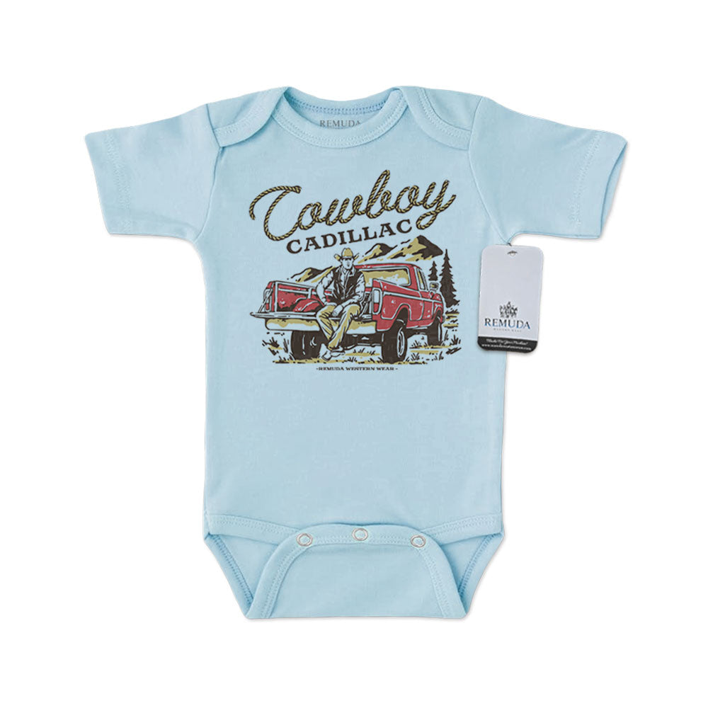 Cowboy Cadillac Short Sleeve Infant Kids One Piece Western Romper Light Blue