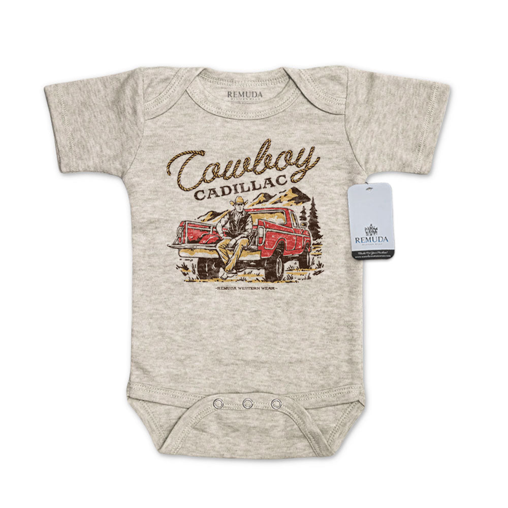 Cowboy Cadillac Short Sleeve Infant Kids One Piece Western Romper Oatmeal