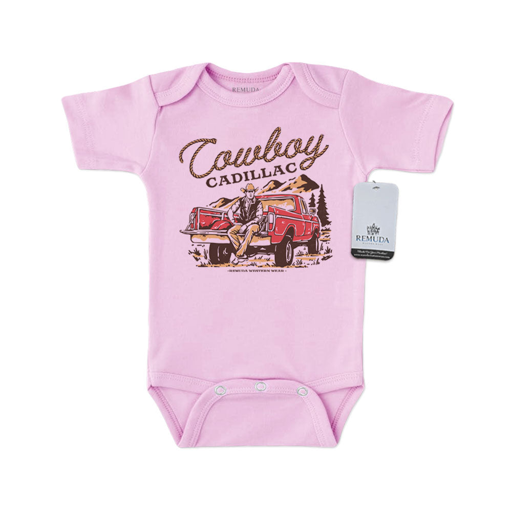 Cowboy Cadillac Short Sleeve Infant Kids One Piece Western Romper Pink